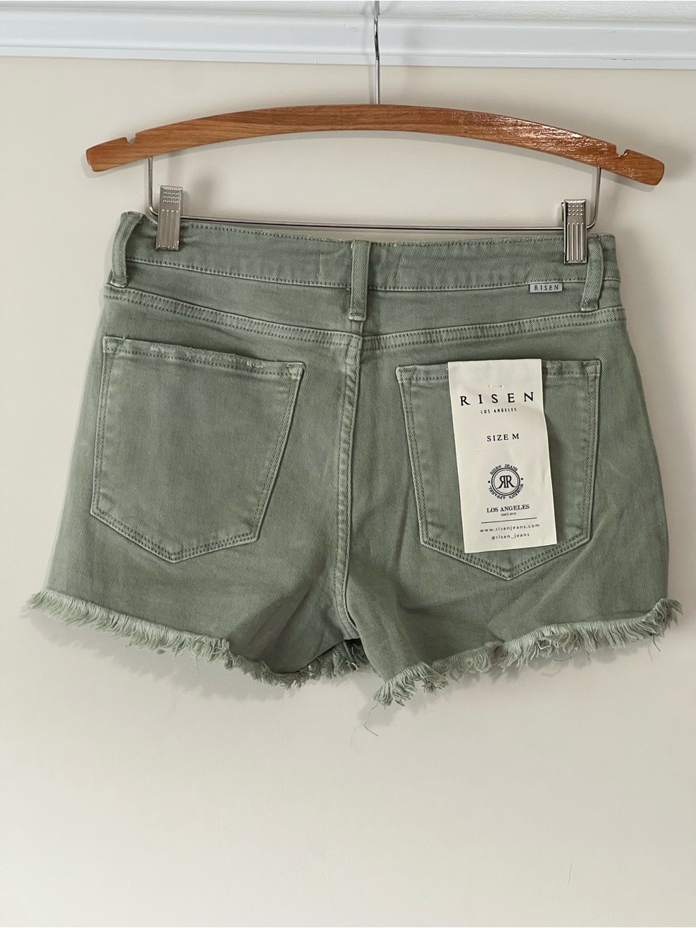 RISEN Olive Green Distressed Denim Shorts - Picture 9 of 11